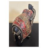 LR - Elephant Figurines Trio -Tall Wooden Sculpture and Saddled Elephants