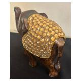 LR - Elephant Figurines Trio -Tall Wooden Sculpture and Saddled Elephants