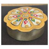 K - Brass Elephant Figurine & Mother-of-Pearl Mosaic Trinket Box & Flower-Lid Box
