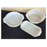 LR - Vintage Glasbake Vintage Bakeware Set - 3-Piece White Glass with Green Floral Border