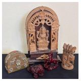 BR - Carved Wood Shrine With Deity, Vintage Trinket Box, Red Resin Figurines and More