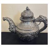 K - Vintage Teapot with Ornate Embossed Metal With Dragon Head Handles