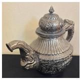 K - Vintage Teapot with Ornate Embossed Metal With Dragon Head Handles