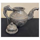 K - Vintage Teapot with Ornate Embossed Metal With Dragon Head Handles