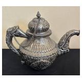 K - Vintage Teapot with Ornate Embossed Metal With Dragon Head Handles