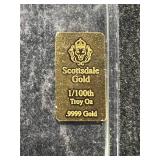 1/100TH TROY OZ .9999 FINE GOLD SCOTTSDALE BAR