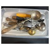 Vintage Kitchenware and Glassware Assortment, Droste Tin, Glass Dishes, Scoops