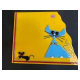 Fused Signed Art Glass Set with Cat and Mouse Plate, Iridescent Square Tray, and Dichroic Glass Tiles