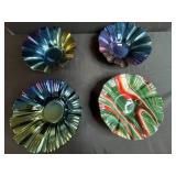 Set of 4 Signed K Art Glass Bowls Iridescent and Swirled Patterns