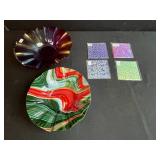 Set of 2 Decorative Fluted Glass Bowls and 7 Holographic Glass Coasters