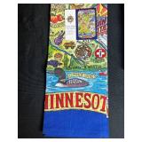 Vintage Souvenir Assortment with Minnesota Tea Towel, Minnesota Cup, Art Box, and Wine Stoppers