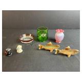 Vintage Decorative Collection: Green Glass Vase, Fenton Pink Milk Glass Vase, Cat and EFCCO Fish Salt & Pepper Shakers