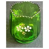 Vintage Decorative Collection: Green Glass Vase, Fenton Pink Milk Glass Vase, Cat and EFCCO Fish Salt & Pepper Shakers