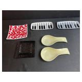 Set of 6 Artistic Signed Glass and Ceramic Trays and Spoons