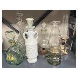 Collection of Vintage Glass Decanters and Oil Lamps