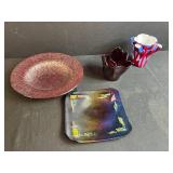 Set of Handcrafted Signed Art Glass Plates and Votive Holders