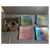 Set of 5 Iridescent Signed Art Glass Plates Assorted Colors