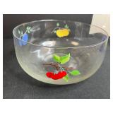 Mixed Glassware Collection with Fruit Bowl, Ruby Glasses, Handpainted Bell, and Framed Art