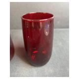 Mixed Glassware Collection with Fruit Bowl, Ruby Glasses, Handpainted Bell, and Framed Art