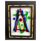 Mixed Glassware Collection with Fruit Bowl, Ruby Glasses, Handpainted Bell, and Framed Art