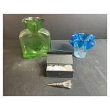 Blenko Handcrafted Green Glass Vase, Blue Art Glass Vase, and Crystal Bottle Stopper Set