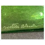 Blenko Handcrafted Green Glass Vase, Blue Art Glass Vase, and Crystal Bottle Stopper Set