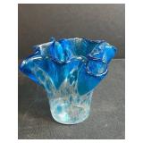 Blenko Handcrafted Green Glass Vase, Blue Art Glass Vase, and Crystal Bottle Stopper Set
