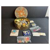 Vintage Tin Filled with Assorted Decorative Buttons and Sewing Notions