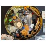 Vintage Tin Filled with Assorted Decorative Buttons and Sewing Notions