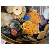 Vintage Tin Filled with Assorted Decorative Buttons and Sewing Notions