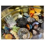 Vintage Tin Filled with Assorted Decorative Buttons and Sewing Notions