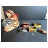 Collection of Vintage Metal Tins, Baby Shoes, Jacks, and Cat with Fishbowl Figurine