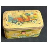 Collection of Vintage Metal Tins, Baby Shoes, Jacks, and Cat with Fishbowl Figurine