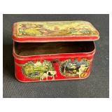 Collection of Vintage Metal Tins, Baby Shoes, Jacks, and Cat with Fishbowl Figurine