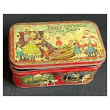 Collection of Vintage Metal Tins, Baby Shoes, Jacks, and Cat with Fishbowl Figurine