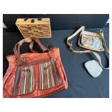 Collection of 4 Vintage and Designer Purses Including Anuschka, The Sak, and Wooden Handbag