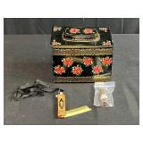 Vintage Decorative Tin Box with Comb and Brass Lipstick Tube