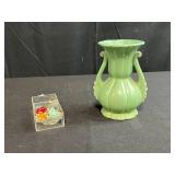 Haeger Green Double-Handled Vintage Vase and Glass Fruit Trinket Set