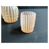 Fenton Cameo Opalescent Rib Optic Glass Pitcher and Tumbler and Iridescent Peach Satin Glass Pitcher and Tumbler