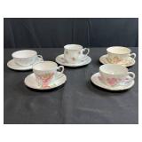 Set of 5 Vintage Porcelain Tea Cups and Saucers Assorted Floral Patterns