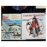 Vintage Vinyl Records, Cassette Tapes, and Wood Case Music Collection