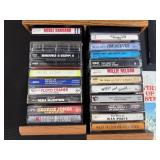 Vintage Vinyl Records, Cassette Tapes, and Wood Case Music Collection