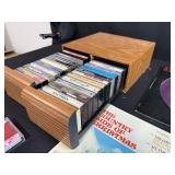 Vintage Vinyl Records, Cassette Tapes, and Wood Case Music Collection
