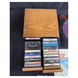 Vintage Vinyl Records, Cassette Tapes, and Wood Case Music Collection