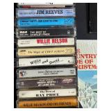 Vintage Vinyl Records, Cassette Tapes, and Wood Case Music Collection