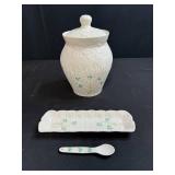 Belleek Ireland Shamrock Pattern Porcelain Canister Set with Tray and Spoon
