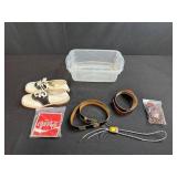 Vintage Saddle Shoes, Coca-Cola Patch, Leather Belts, Bolo Tie, and Storage Bin Assortment