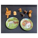 Collection of Kaiser W. Germany Horse Plates, Ceramic Dog Figurines, and Wooden Kitchenware