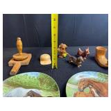 Collection of Kaiser W. Germany Horse Plates, Ceramic Dog Figurines, and Wooden Kitchenware