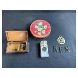 Vintage Trinket and Decor Collection with Metal Letters, Tin, Music Box, and Figurine